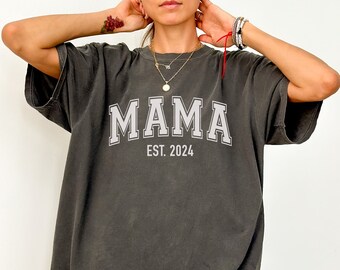 Custom Mama Shirt Oversized Comfort Colors Shirt Varsity Letter Mom Shirt Personalized New Mom Gift Trendy Baby Shower Gift for Mom