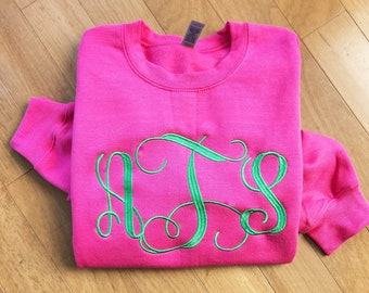 Custom Embroidered Large Monogram Sweatshirt Personalized Crewneck Sweatshirt for Women Monogrammed Top with Initials Girls Pink Youth Top