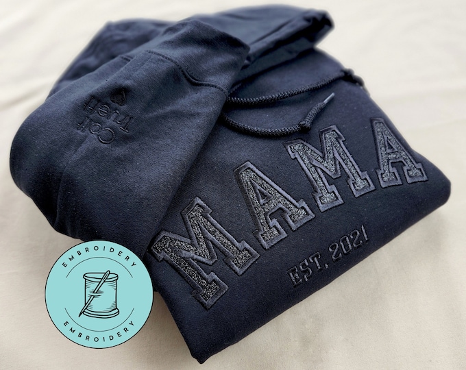 Custom Embroidered Mama Hoodie with Kids Names on Sleeve,  Black Tone on Tone Mom Hoodie , Monochrome Mom Personalized Mothers Day Gift