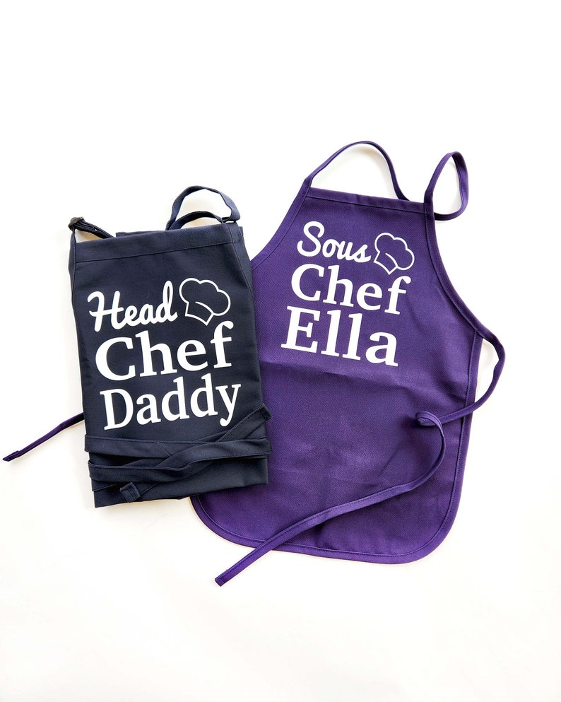 Matching Father Son Aprons Personalized Daddy and Me Cooking Aprons Fathers Day Gift for Dad from Kids Custom Head Chef and Sous Chef Aprons image 2