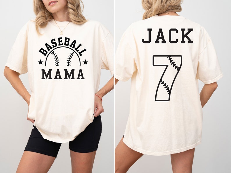 Ivory Comfort Colors Shirt with a Retro Mama baseball design and name and number on the back custom baseball mama shirt