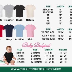 May include: A size chart for t-shirts and baby bodysuits featuring eight shirt colors: white, heather, black, natural, red, navy, light blue, and pink. The chart lists width and length in inches for toddler and youth sizes, plus weight and height in pounds and inches for baby bodysuits.