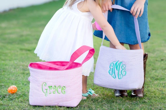 Personalized Easter Basket for Girls, Mint Green Easter Bucket, Monogrammed Easter Buckets, Seersucker Easter Buckets Il_570xn