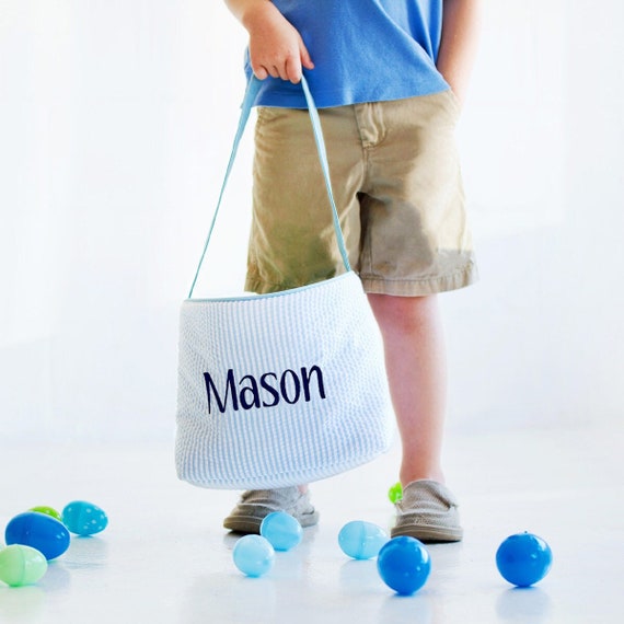 Personalized Easter Baskets for Boys, Blue Seersucker Bucket Tote, Monogrammed Easter Basket Boy, Baby Easter Basket Il_570xn