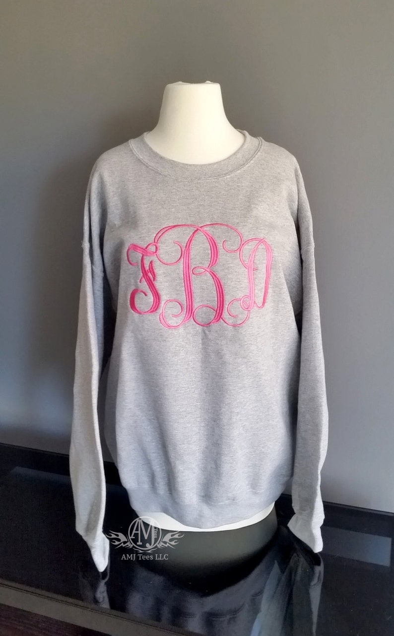 Monogram Sweatshirt Embroidered Crewneck Sweatshirt for Women with Large Monogram Gifts for Her Hot Pink Sweatshirt Personalized Gift Sport Gray