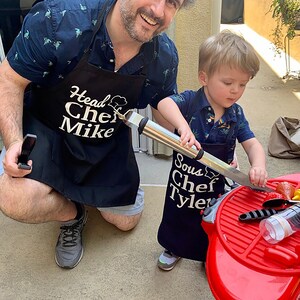 Matching dad and kid apron, blue head chef and sous chef apron personalized gifts for dad from kids,  matching daddy and son family aprons