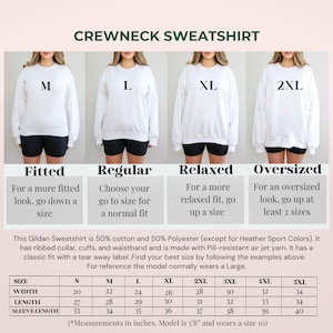 May include: White crewneck sweatshirt with size options M, L, XL, and 2XL. The image includes a size chart with measurements in inches for various sizes, including width, length, and sleeve length. The model is 5'8" and wears a size 10.