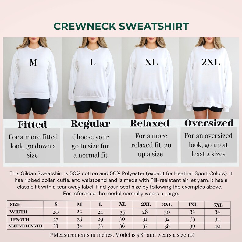 May include: White crewneck sweatshirt with size options M, L, XL, and 2XL. The image includes a size chart with measurements in inches for various sizes, including width, length, and sleeve length. The model is 5'8" and wears a size 10.