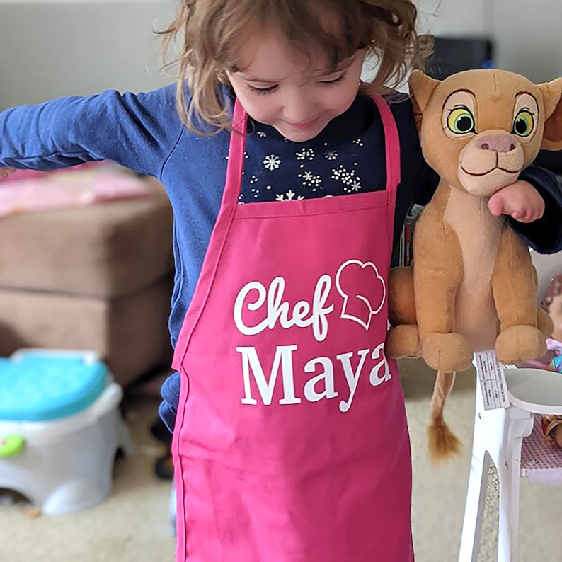 Pink Kids Chef Apron for Girls Personalized with name, Cute childrens apron makes a perfect cooking gift for kid,