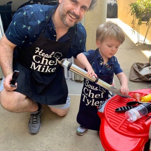 Matching Father Son Aprons Personalized Daddy and Me Cooking Aprons Fathers Day Gift for Dad from Kids Custom Head Chef and Sous Chef Aprons image 3