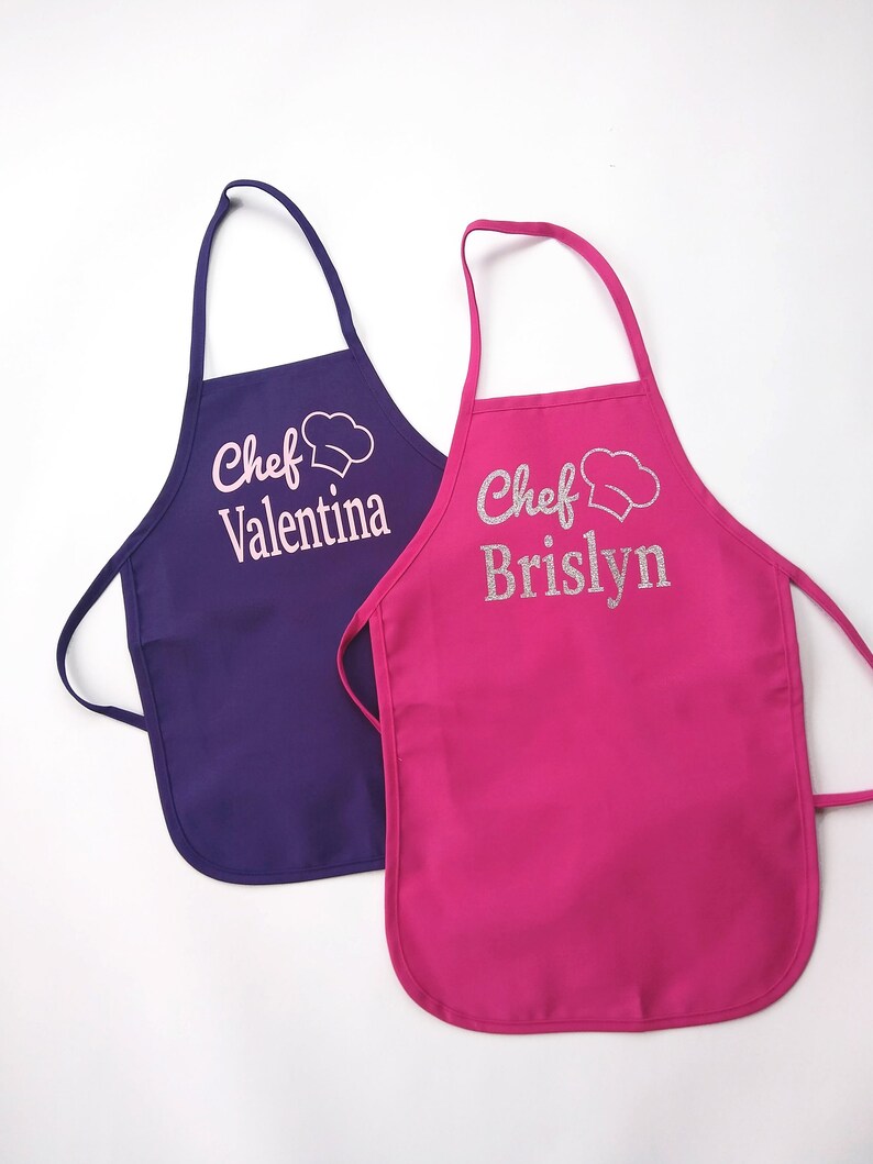 Personalized chef apron for kids, cute pink and purple aprons for little girls personalized with name