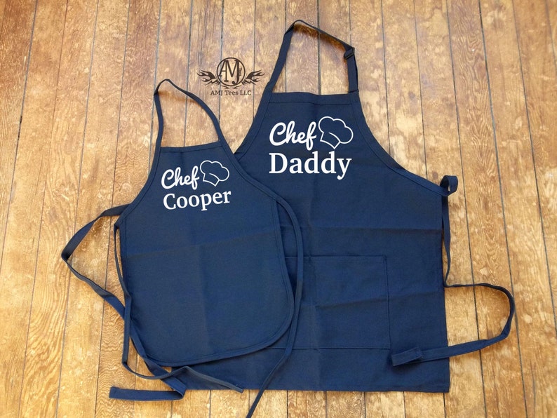 Matching Father Son Aprons Personalized Daddy and Me Cooking Aprons Fathers Day Gift for Dad from Kids Custom Head Chef and Sous Chef Aprons image 5