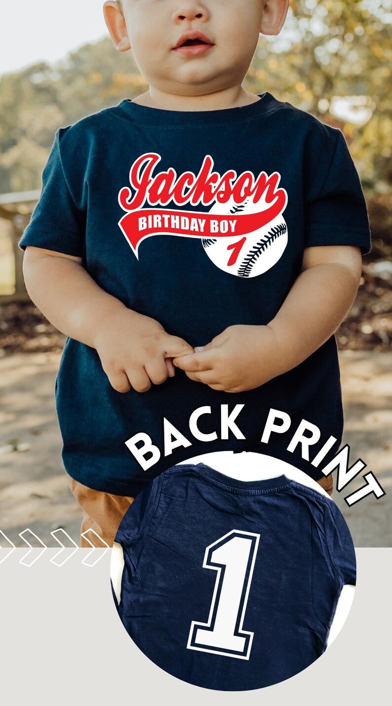 May include: A navy blue short-sleeved t-shirt featuring a graphic of a baseball with the text Jackson, Birthday Boy, and the number 1. An inset shows the back of the shirt, which displays a large white number 1 with a dark blue outline.