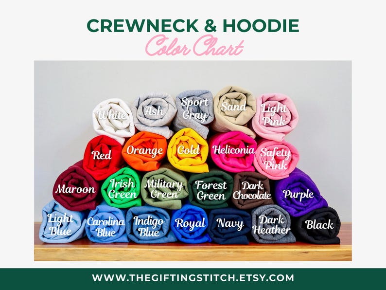 May include: A color chart for crewneck and hoodie apparel, featuring a variety of rolled-up fabric samples. Colors include white, red, orange, gold, green, blue, and more. The text "CREWNECK & HOODIE Color Chart" is at the top.
