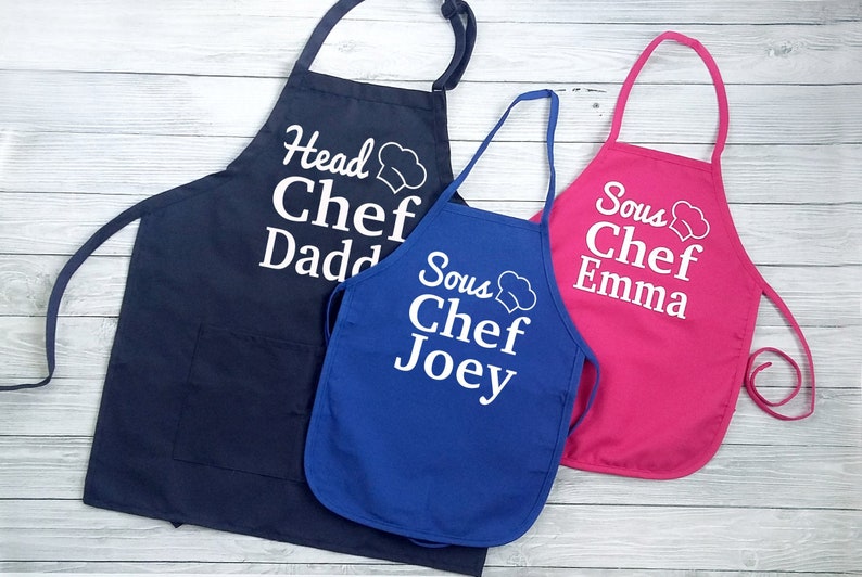 Matching Father Son Aprons Personalized Daddy and Me Cooking Aprons Fathers Day Gift for Dad from Kids Custom Head Chef and Sous Chef Aprons image 7
