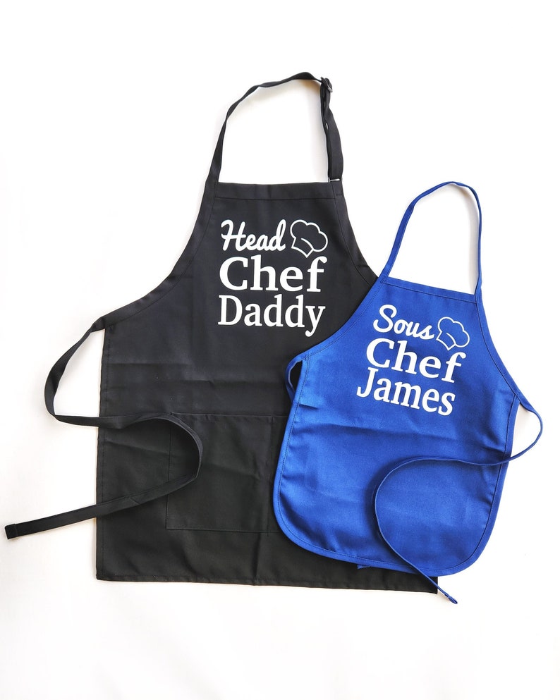 Matching Father and son cooking aprons personalized fathers day gift for dad from kids, custom Mens black head chef apron and blue sous chef kid apron