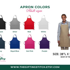 Peut inclure: Pr&eacute;sentation d'une gamme de tabliers pour adultes, disponibles en noir, argent, rouge, blanc, marine, bleu roi, rose vif et violet. Les tabliers mesurent 71 cm de long et 61 cm de large. Le texte "APRON COLORS" et "Adult sizes" est &eacute;galement pr&eacute;sent.