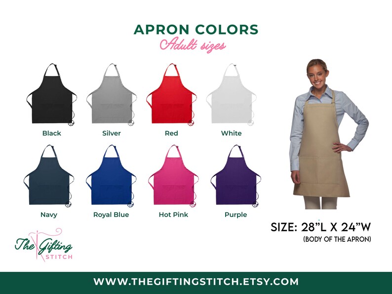 Peut inclure: Pr&eacute;sentation d'une gamme de tabliers pour adultes, disponibles en noir, argent, rouge, blanc, marine, bleu roi, rose vif et violet. Les tabliers mesurent 71 cm de long et 61 cm de large. Le texte "APRON COLORS" et "Adult sizes" est &eacute;galement pr&eacute;sent.