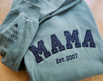 Custom Embroidered Mama Sweatshirt with Kids Names on Sleeve New Mom Hoodie Personalized Gift for Mom Crewneck Pullover