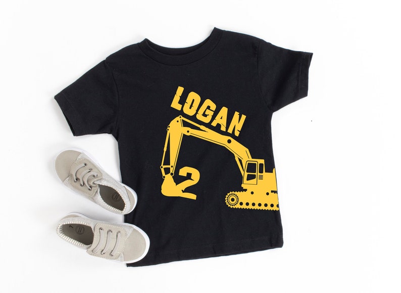 Construction Birthday shirt for Boys Personalized Black toddler shirt with yellow digger name and age, yellow excavator shirt for boys 2 nd birthday