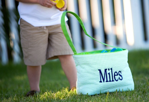 Personalized Easter Basket, Monogrammed Easter Basket, Green Seersucker Easter Basket for Boys, Il_570xn
