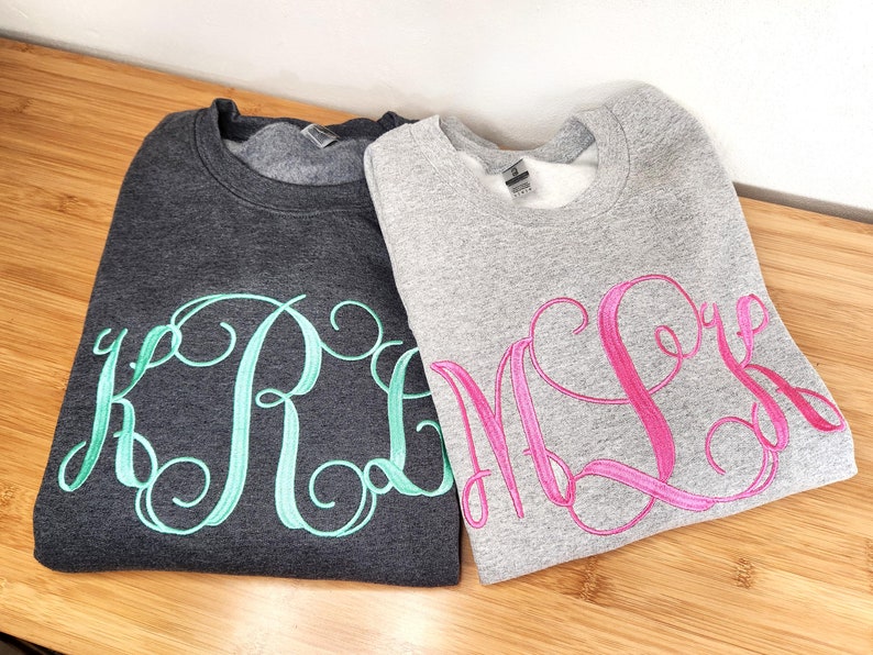 Monogram Sweatshirt Embroidered Crewneck Sweatshirt for Women with Large Monogram Gifts for Her Hot Pink Sweatshirt Personalized Gift Dark Header Grey