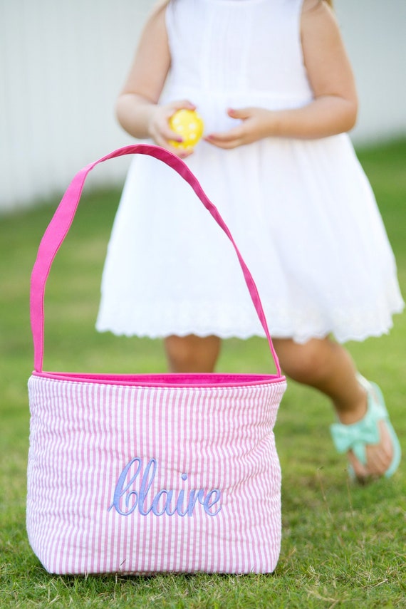 Personalized Easter Basket, Girls Monogrammed Pink Seersucker Easter Basket, Easter Basket Personalized Il_570xn