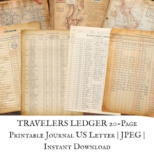May include: A collection of aged ledger pages and maps, with handwritten entries and stamps. The image includes the text "TRAVELERS LEDGER 20-PAGE PRINTABLE JOURNAL US LETTER | JPEG | INSTANT DOWNLOAD". The pages have a vintage, antique aesthetic.