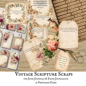 Può includere: Una collezione di carta in stile vintage con illustrazioni floreali e versetti biblici. Il set include etichette rettangolari, cartoncini quadrati e strisce di testo, il tutto con un aspetto di pergamena invecchiata e forbici.