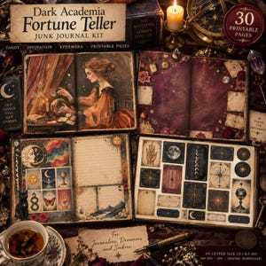 May include: A Dark Academia Fortune Teller junk journal kit featuring 30 printable pages. The kit includes open books with illustrations of a fortune teller, celestial motifs, tarot cards, moons, and stars. Text includes Dark Academia Fortune Teller.