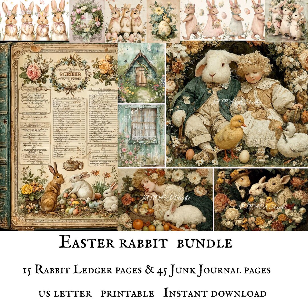 Easter Rabbit Junk Journal Printable Bundle Shabby Chic Bunny Ledger ...