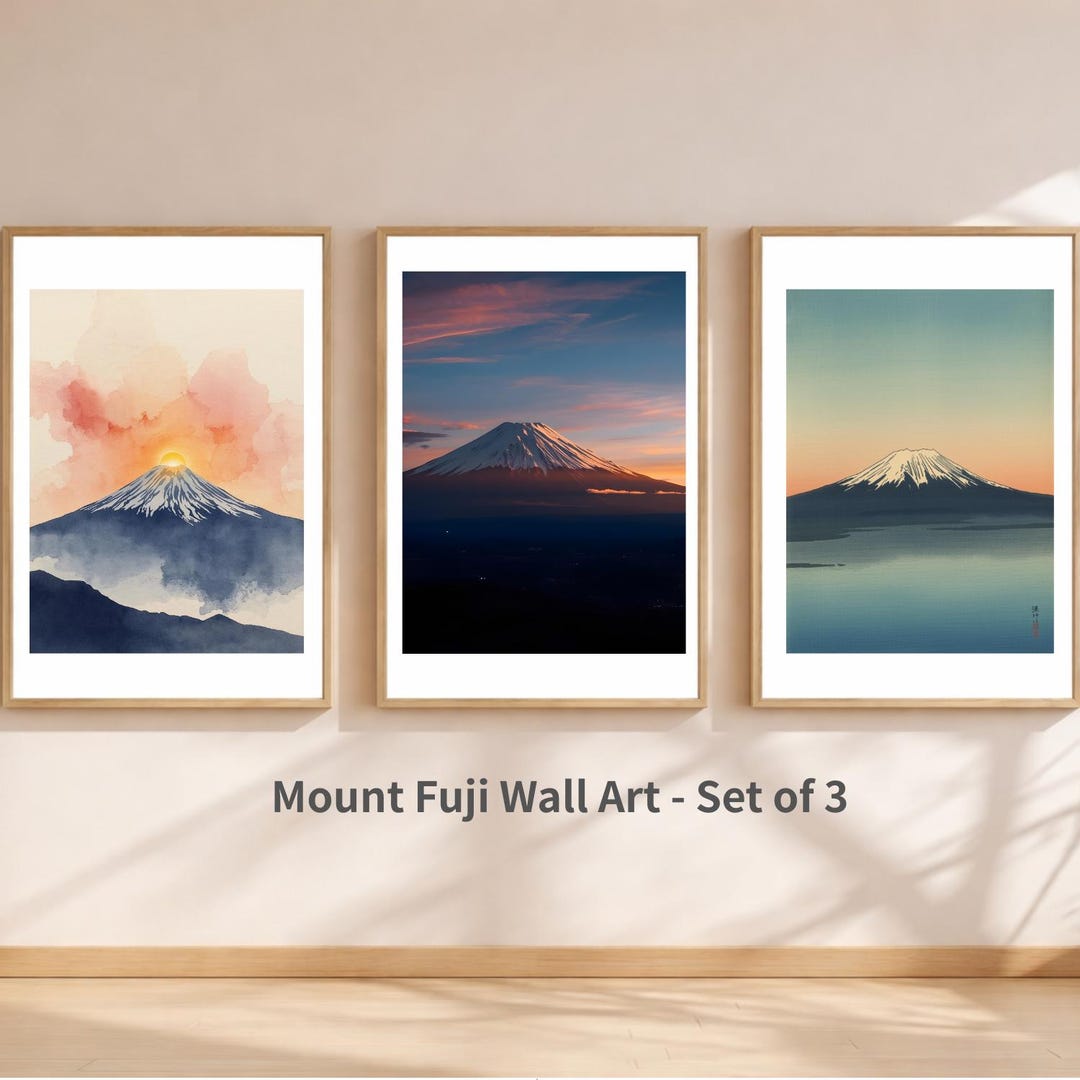 Mount Fuji Wall Art Set of 3 | Japanese Sunrise Prints | Watercolor ...