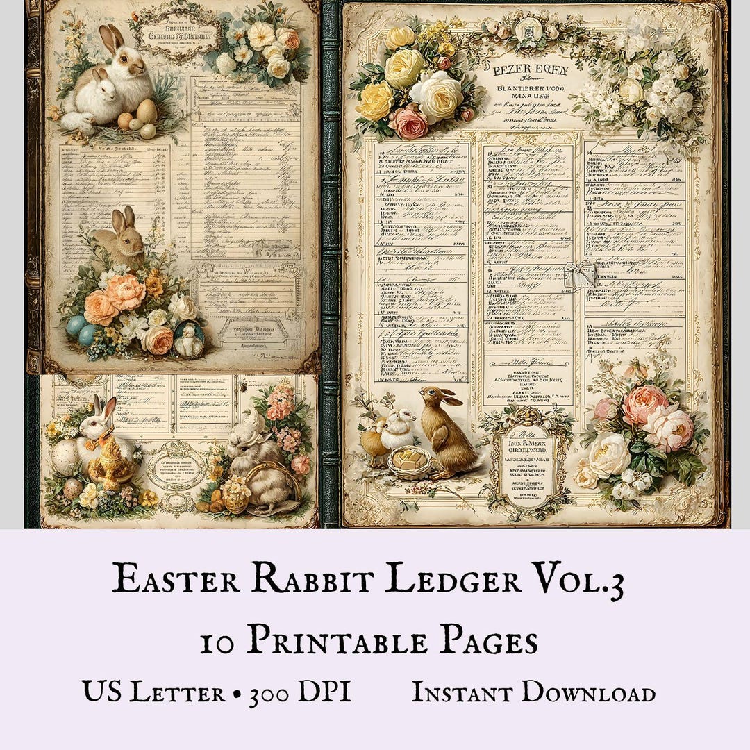 Vintage Easter Bunny Ledger Pages Vol.3 | Floral Junk Journal Ephemera ...