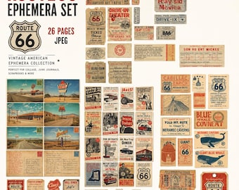 Kit di materiale effimero per diario di viaggio sulla Route 66 / Pagine di viaggio on the road in stile americano vintage (JPG)