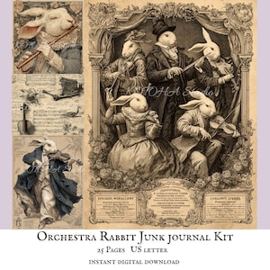 May include: A vintage-style digital collage featuring anthropomorphic rabbits in an orchestra setting. The image includes rabbits playing various instruments, such as violins and a flute, with a sepia-toned aesthetic. Text at the bottom reads "Orchestra Rabbit Junk Journal Kit".