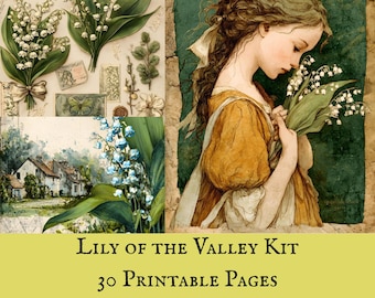 Printable Lily of the Valley Vintage Botanical Junk Journal Kit French Cottagecore Floral Ephemera Bundle JPG US Letter