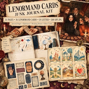 May include: A Lenormand Cards Junk Journal Kit featuring 31 pages, 36 cards, and US letter size 300 DPI JPG files. The kit includes journal pages, ephemera, reading sheets, and mini cards with illustrations of towers, gardens, and hearts.