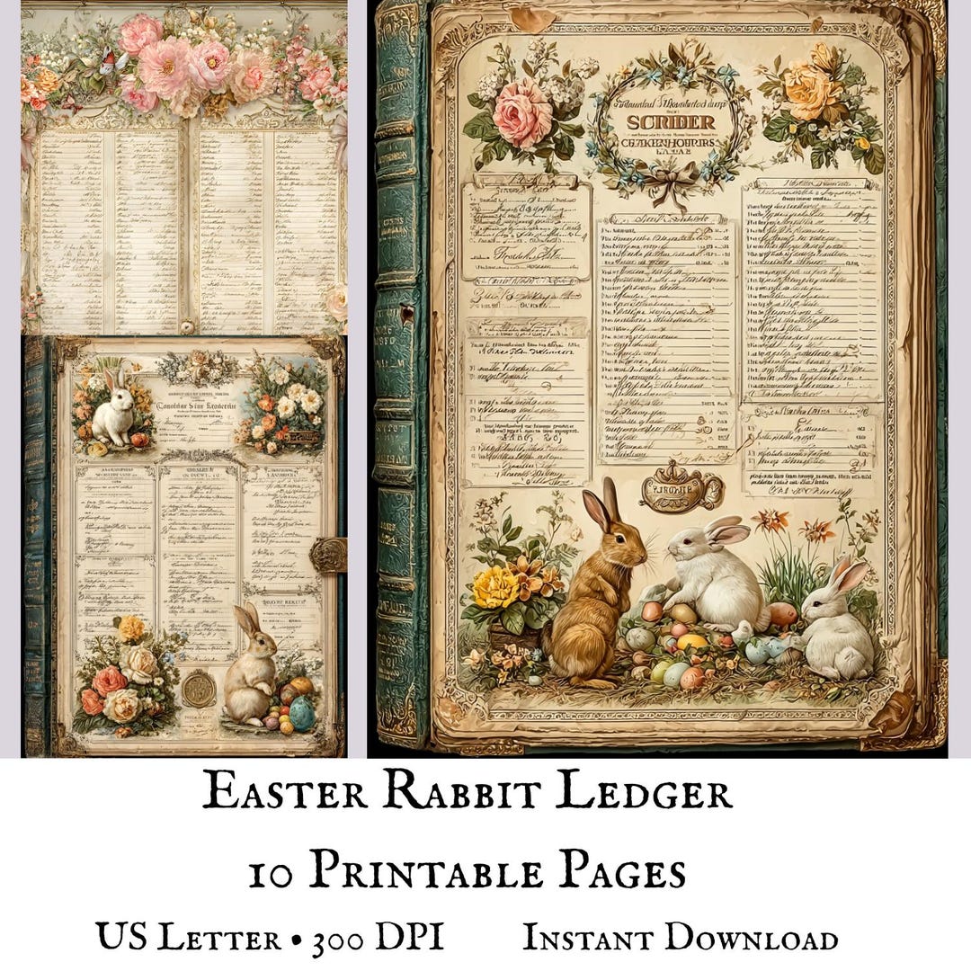Vintage Easter Bunny Ledger Pages | Floral Junk Journal Ephemera ...