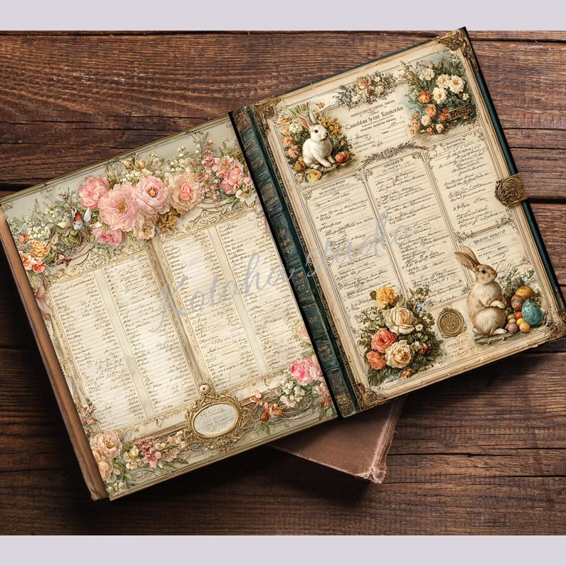 Vintage Easter Bunny Ledger Pages | Floral Junk Journal Ephemera ...