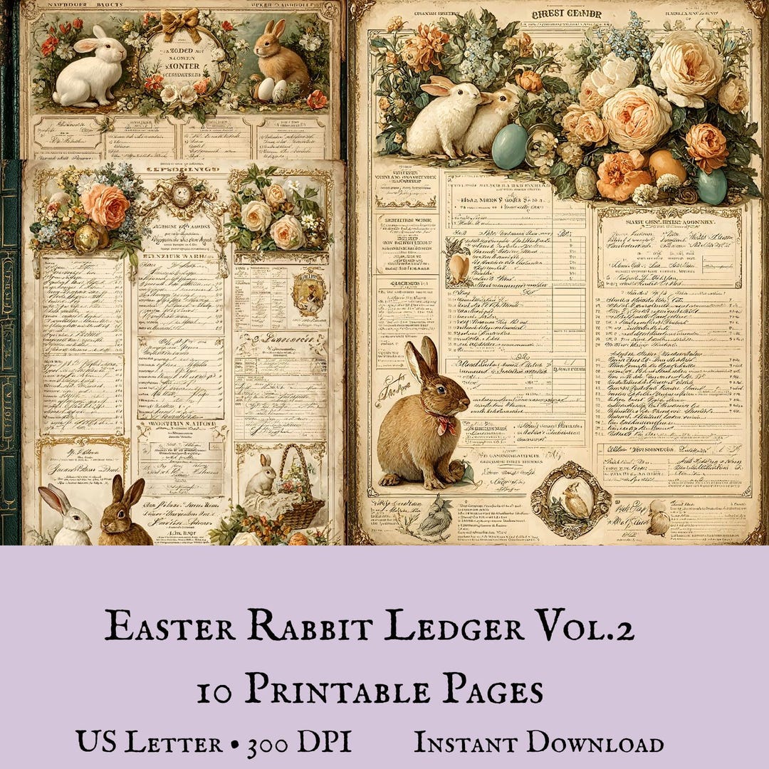 Vintage Easter Bunny Ledger Pages Vol.2 | Floral Junk Journal Ephemera ...