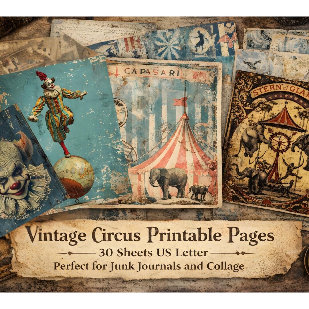 Printable Vintage Circus Junk Journal Pages, Carnival Ephemera, Digital ...