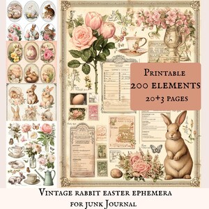 Diario de Pascua con 200 elementos, conejo estilo shabby chic, primavera vintage (descarga digital)