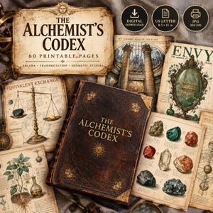 Puede incluir: Una colección de páginas imprimibles titulada The Alchemist's Codex, que presenta un libro central encuadernado en cuero marrón oscuro, ilustraciones vintage de cristales, una balanza, dibujos botánicos y ruinas arquitectónicas, con iconos de descarga digital.