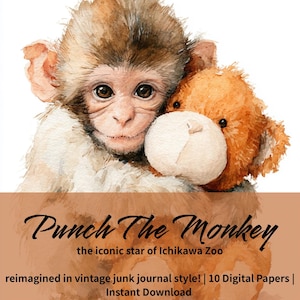 May include: Watercolor illustration of a baby monkey hugging a teddy bear. The monkey has brown fur and large, dark eyes. The teddy bear is light brown with a white muzzle. Text reads "Punch The Monkey, the iconic star of Ichikawa Zoo".