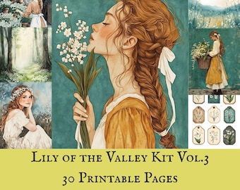 Printable Lily of the Valley Cottagecore Junk Journal Kit Vol.3 , Vintage Floral Ephemera (Digital Download)