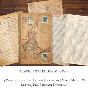 May include: A selection of aged ledger pages, including a journal with a map and stamps, and other vintage documents. The pages are tan and cream-colored, with handwritten notes and printed text. The theme is travel and journaling.