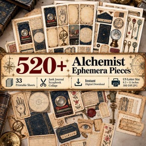 Puede incluir: Una colección de más de 520 piezas de efímera de alquimista en 33 hojas imprimibles, con ilustraciones de estilo vintage de cartas celestes, bolas de cristal, llaves, manos y motivos botánicos en azul oscuro, oro y tonos de pergamino.