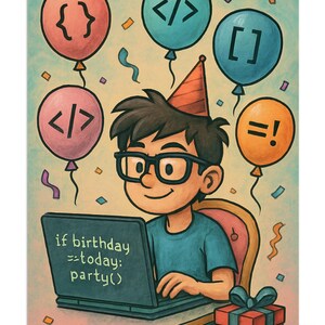 Kids Coding Birthday Card - Cute Boy Programmer Coding Balloons Design UK094 - Large Premium Gloss Card With Envelope