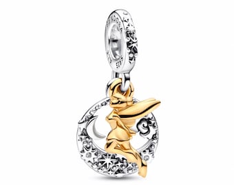 Charm colgante de Campanilla de Disney, Noche Celestial, plata de ley 925 y baño de oro de 14 k, joyería de hadas, colgante de luna y estrellas.