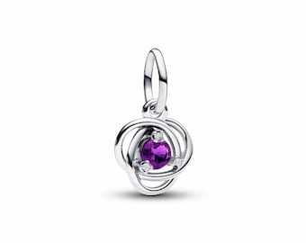 Purple Eternity Circle Dangle Charm, Silver Interlocking Knot Pendant with Cubic Zirconia, Bracelet Accessory